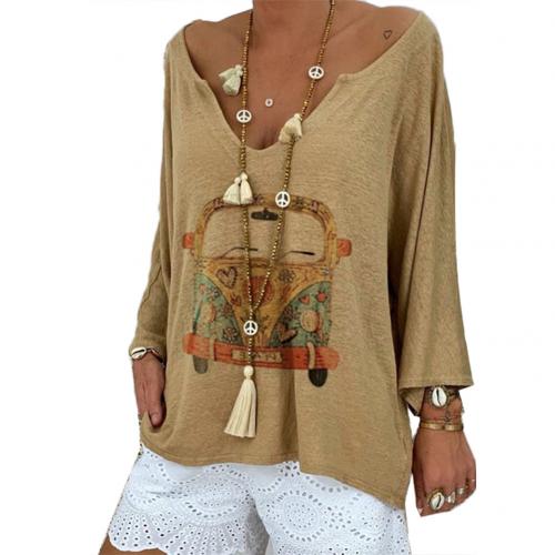 Women Fashion Cartoon Car Print Long Sleeve Deep V Neck Blouse Shirt T-shirt