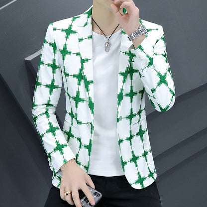 Men Fashion coat Autumn Wear New Plaid Printed blazer Youth Slim Handsome