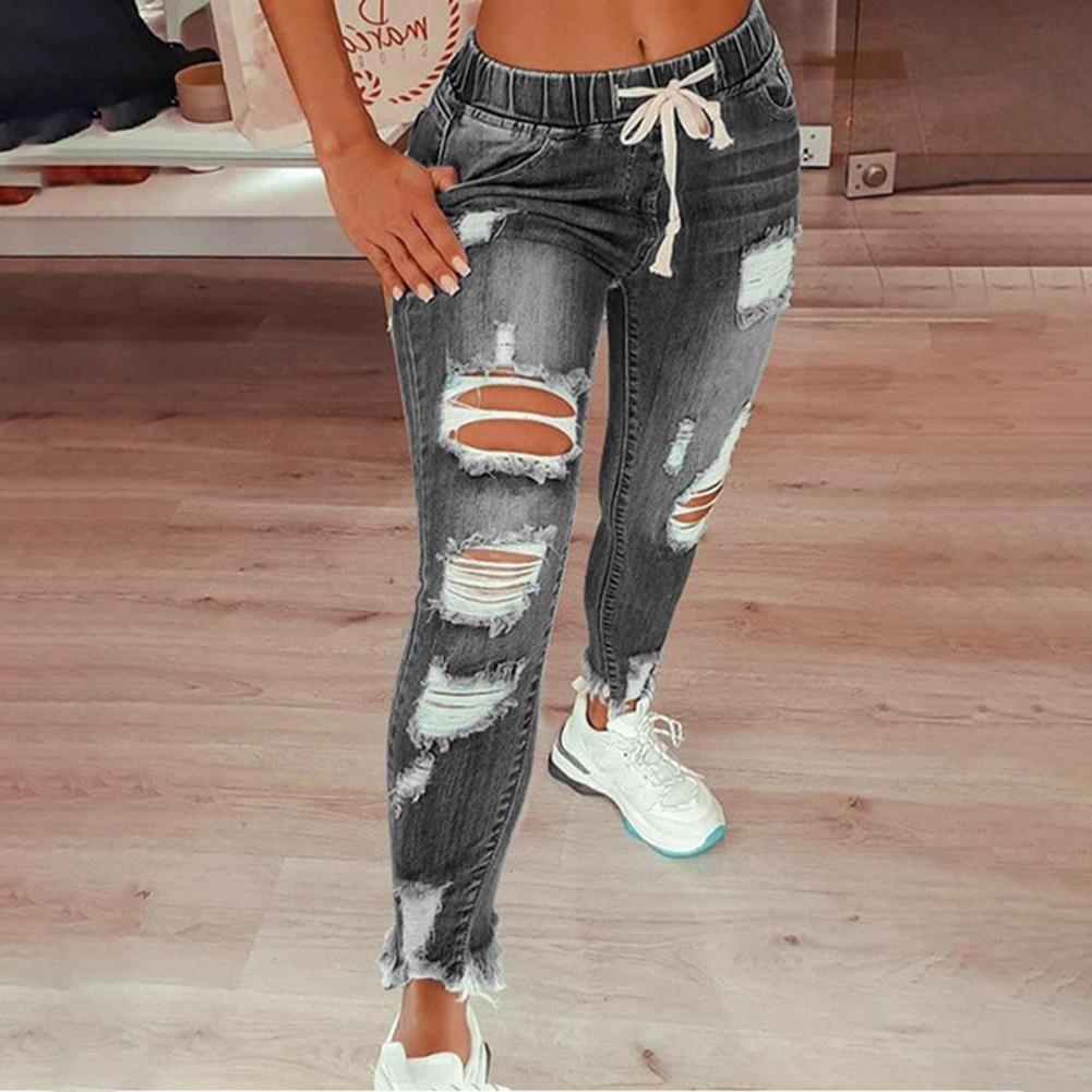 Women Jeans Ripped Hole Stretchy Summer Slim-fitting All Match Denim Pants for Daily Wear