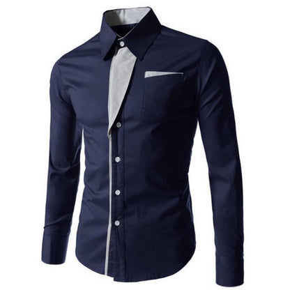 Slim Fit Top Men Shirt Long Sleeve Fashion Stand Collar Color Block Button up Top