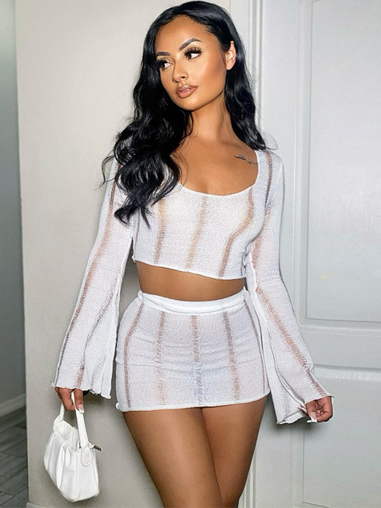 Hugcitar Knitted Solid O Neck Flare Sleeves Cut Out Crop Top Skirts 2 Pieces Matching Set Irregular Sexy Outfit Festival Club