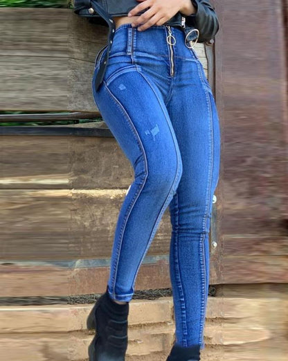 Jeans Women Denim Zipper Fly High Waist Ripped Skinny Plain Pocket Design Daily Long Jeans Autumn 2022