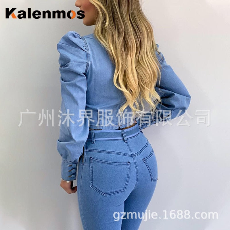 Denim shirt ladies women dress, sweet styl, skinny slim suite