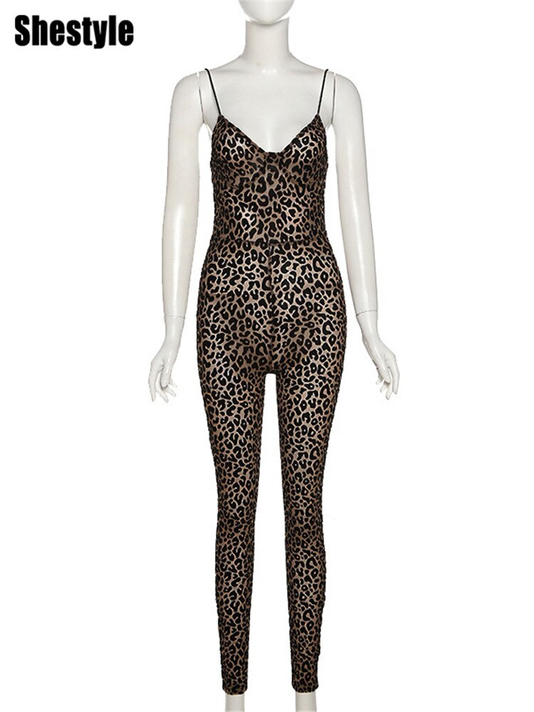 Shestyle Leopard See Through Jumpsuits Women Black Velvet V Neck Spaghetti Strap Pencil Pants Sleeveless Bodycon Sportwear 2021