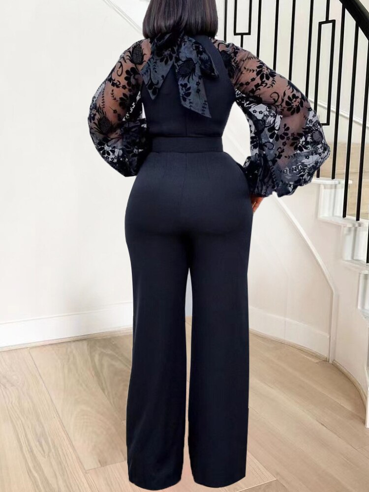 Women Black Jumpsuits Patchwork Lace Mesh Long Lantern Sleeves Wide Leg High Waist Elegant Office Ladies Party Event One Pieces