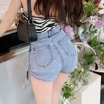 New Summer Women Double-breasted Drawstring Design Denim Sexy High Waist