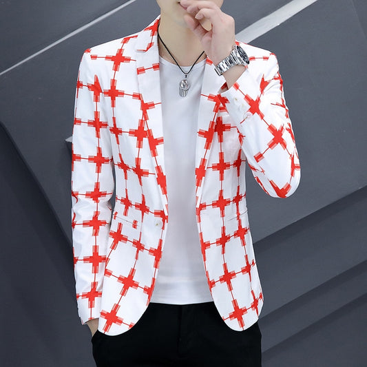 Men Fashion coat Autumn Wear New Plaid Printed blazer Youth Slim Handsome