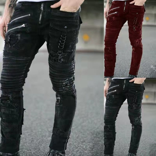 Jeans Men Punk Skinny Denim Pants Streetwear Zipper Slim Fit Black Goth Trousers