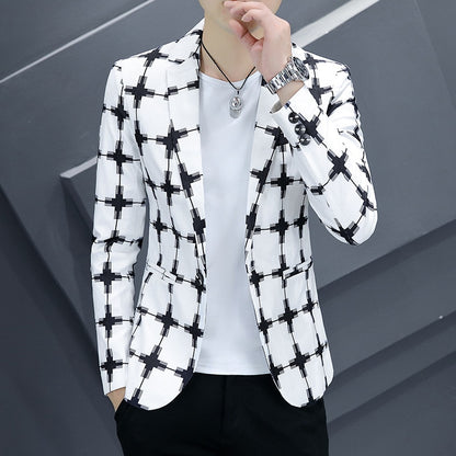 Men Fashion coat Autumn Wear New Plaid Printed blazer Youth Slim Handsome