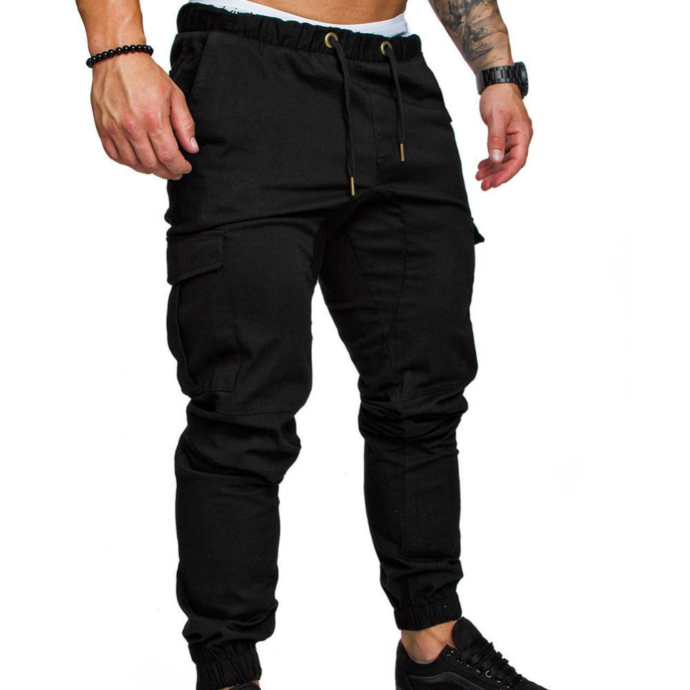 Fashion Men Jogger Pants Casual Solid Color Pockets Waist Drawstring Ankle Tied Skinny