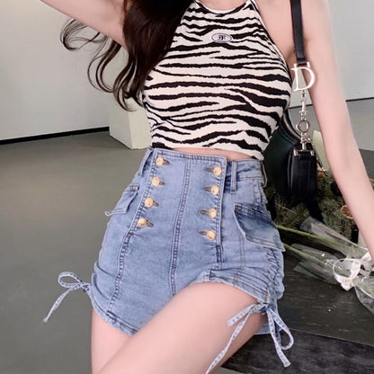 New Summer Women Double-breasted Drawstring Design Denim Sexy High Waist