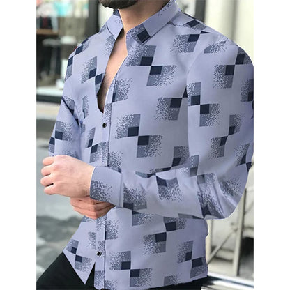 Luxury Social Men Shirts Turn-down Collar Buttoned Shirt Casual Lattice Print Long Sleeve