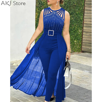 Women&#39;s Sexy Round Neck Rhinestone Sheer Mesh Sleeveless Jumpsuit With Belt