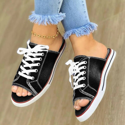 Women&#39;s Casual Female Fashion Denim Beach Shoes Plus Size Women Canvas Slipper Woman Lace Up Ladies Peep Toe New Flat