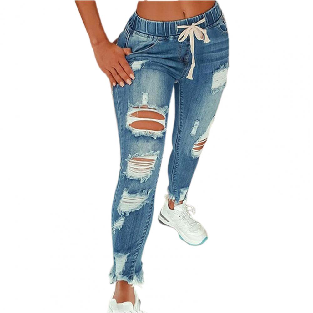 Women Jeans Ripped Hole Stretchy Summer Slim-fitting All Match Denim Pants for Daily Wear