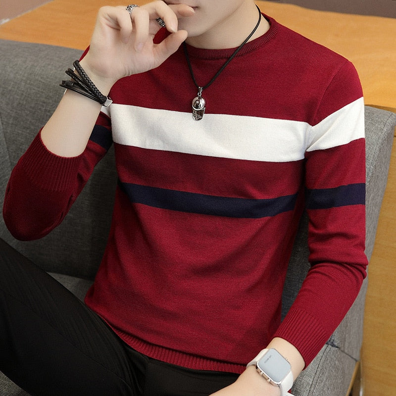 Striped Thin Long-Sleeved Sweater Youth round Neck Pullover Slim Casual Sweater