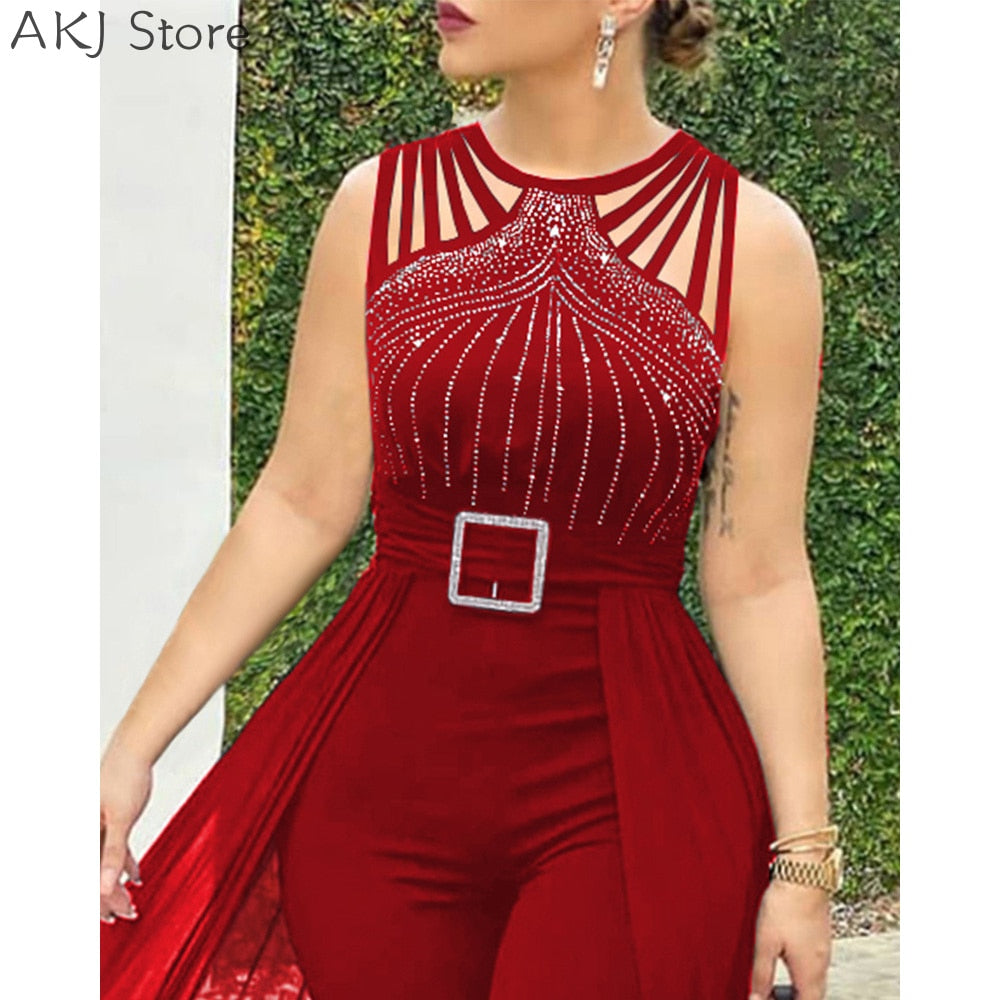 Women&#39;s Sexy Round Neck Rhinestone Sheer Mesh Sleeveless Jumpsuit With Belt