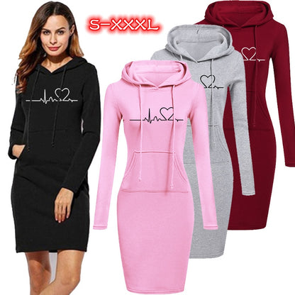 Women Fashion Hooded Sweater Dress Autumn and Winter Long Sleeve Hoodie Dress Slim Fit Pullovers Sweatshirt Dress