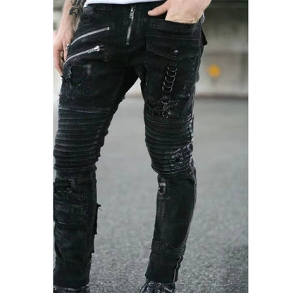 Jeans Men Punk Skinny Denim Pants Streetwear Zipper Slim Fit Black Goth Trousers