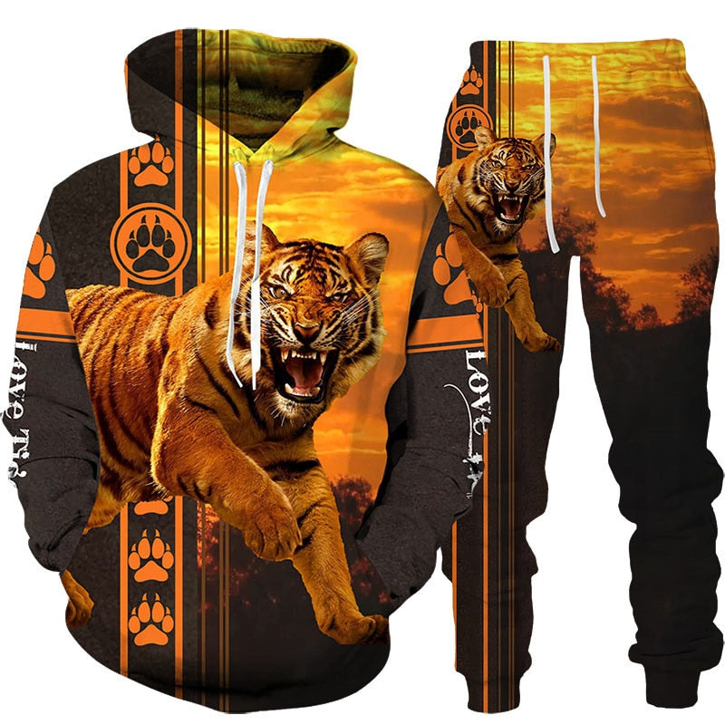 New Animal 3D Tiger Printed Hoodie + Pants Suit Cool Men/Women 2 Pcs Sportwear Tracksuit Set Autumn And Winter Men&#39;s Clothing