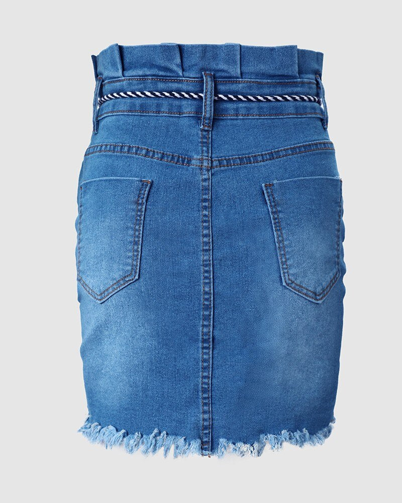 Women Skirt Mini Bag Hip Made Old Washed Pocket Spring And Summer High Street Blue High Waist Lace Strap Tight Hole Overskirt