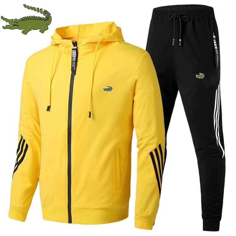 Men sports zipper Hooded Jacket Set trend outdoor sports printed jacket + Pants