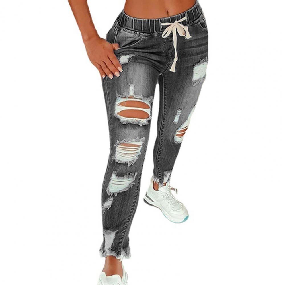 Women Jeans Ripped Hole Stretchy Summer Slim-fitting All Match Denim Pants for Daily Wear