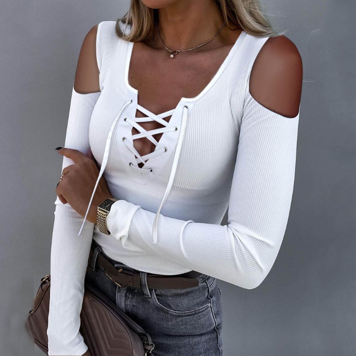 Women Fashion Knit Blouse Sexy Cross Bandage Off Shoulder Long Sleeve Low-cut