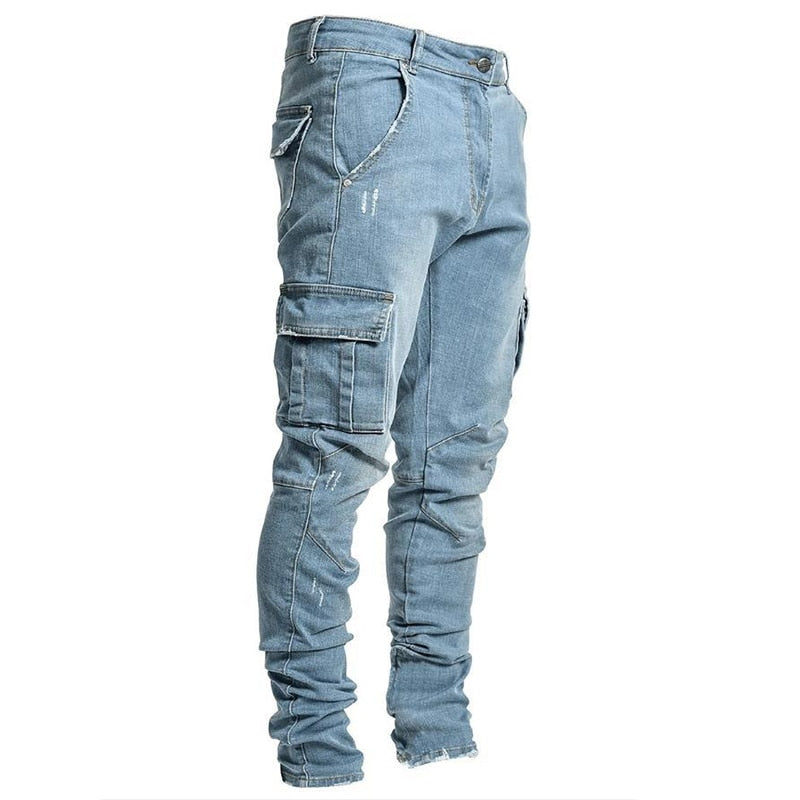 Jeans Men Punk Skinny Denim Pants Streetwear Zipper Slim Fit Black Goth Trousers