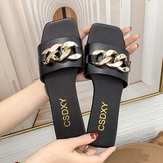 New Fashion Women Slippers Square Toe Chain Slippers Sandals Beach casual