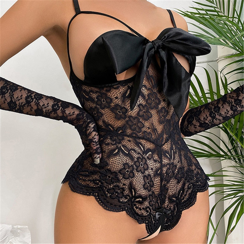 Sexy Lingerie For Woman Lace Transparent Bodysuit Erotic Costume Bow-knot Underwear