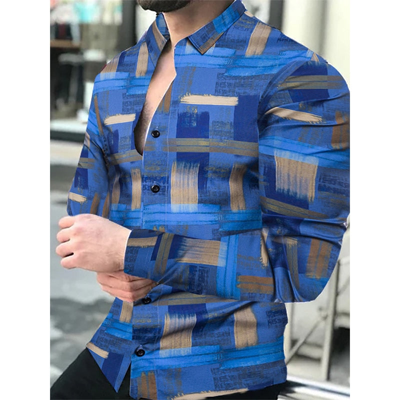 Luxury Social Men Shirts Turn-down Collar Buttoned Shirt Casual Lattice Print Long Sleeve