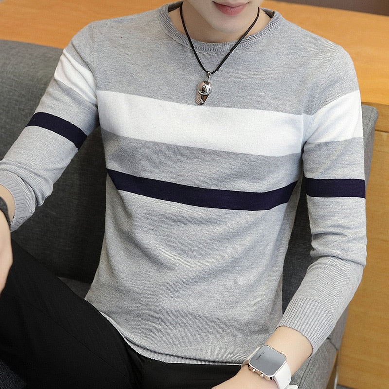 Striped Thin Long-Sleeved Sweater Youth round Neck Pullover Slim Casual Sweater