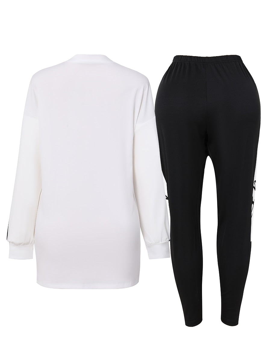 LW Plus Size Autumn Two Piece O Neck Print White Pants Set L-4XL Long Sleeve T-shirt And Sheath Trousers Matching Outfits