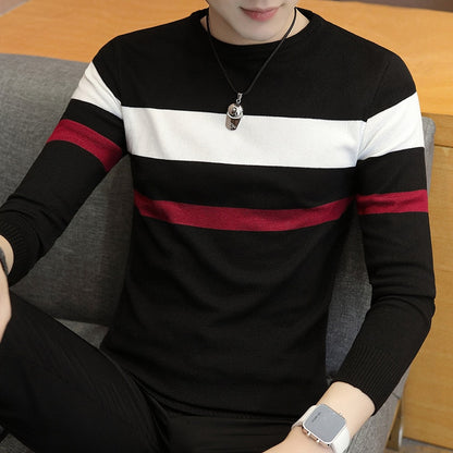 Striped Thin Long-Sleeved Sweater Youth round Neck Pullover Slim Casual Sweater