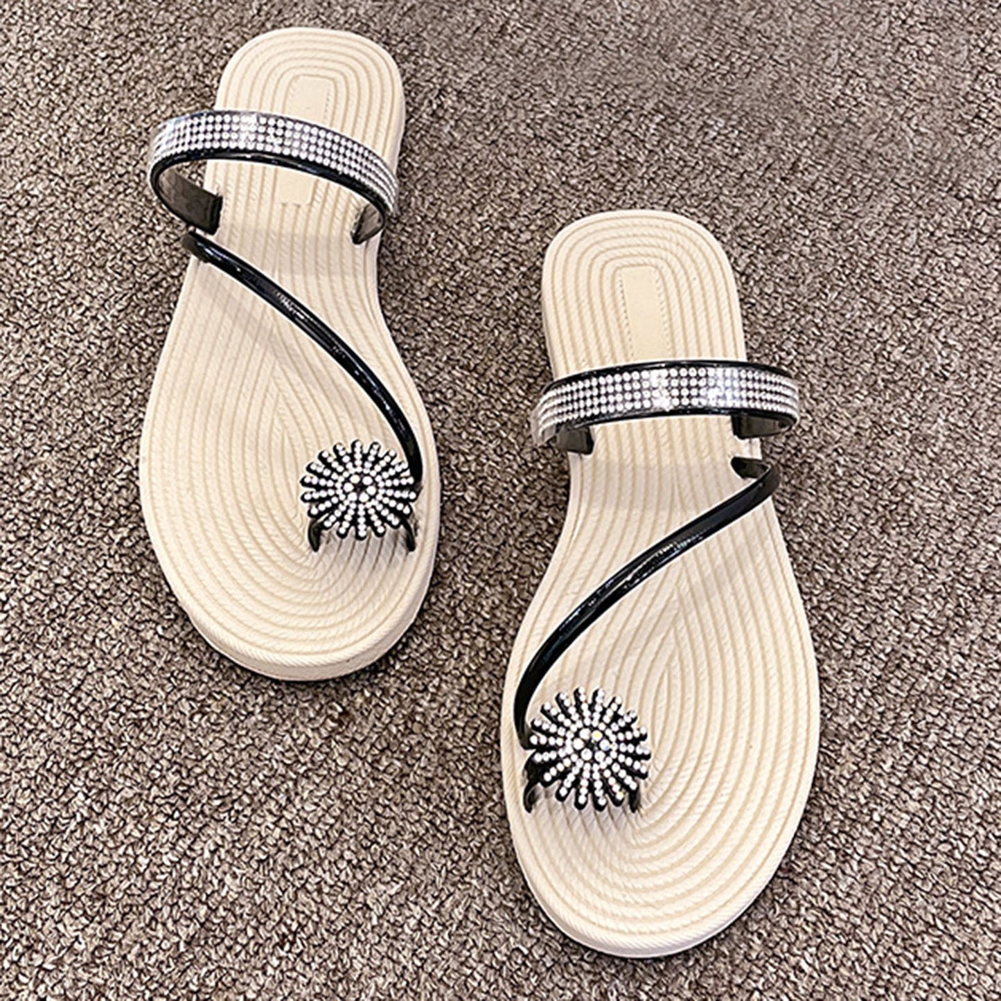 Summer Beach Slippers Women Pearl Set Toe Elastic Sandals Flat Strap Casual Home Sandals Slippers Beach Slippers Zapatos Mujer