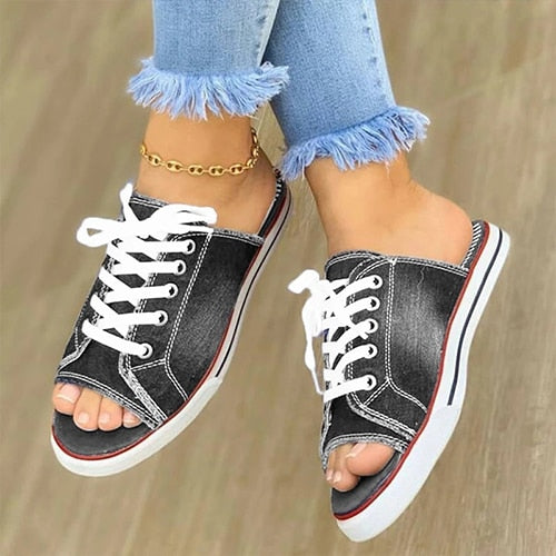 Women&#39;s Casual Female Fashion Denim Beach Shoes Plus Size Women Canvas Slipper Woman Lace Up Ladies Peep Toe New Flat