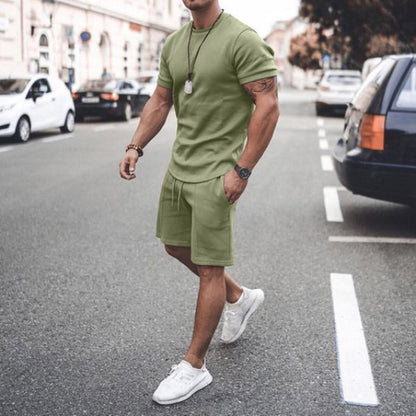 Men Summer Fashion Fitness Suit O-Neck Elastic Waist Breathable T-Shirt