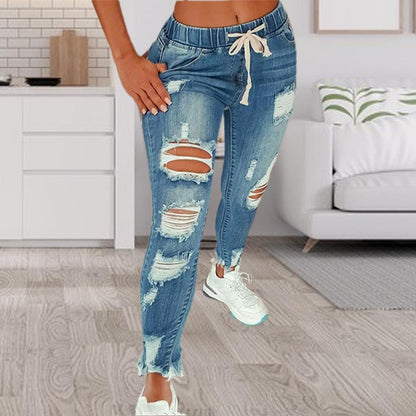 Women Jeans Ripped Hole Stretchy Summer Slim-fitting All Match Denim Pants for Daily Wear