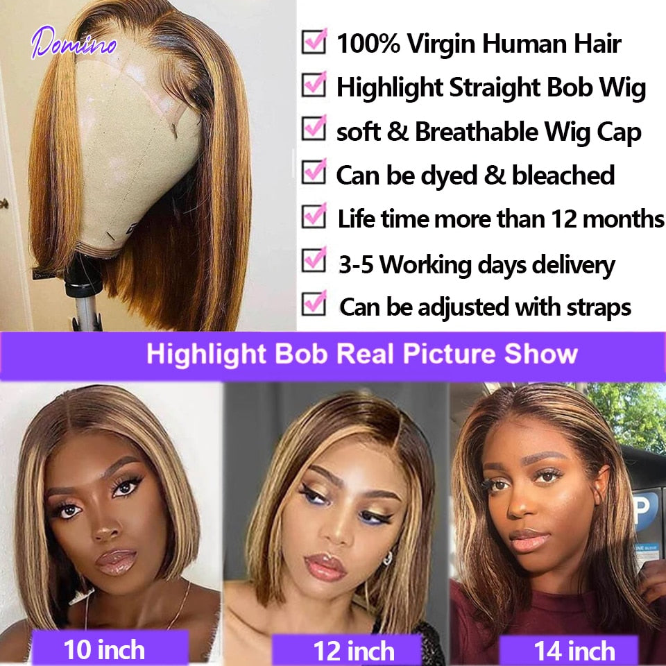 Domino Highlight Bob Wig Human Hair Brazilian Ombre Lace Closure Wig T Part Human Hair Wig Short Bob Human Hair Wig For Women