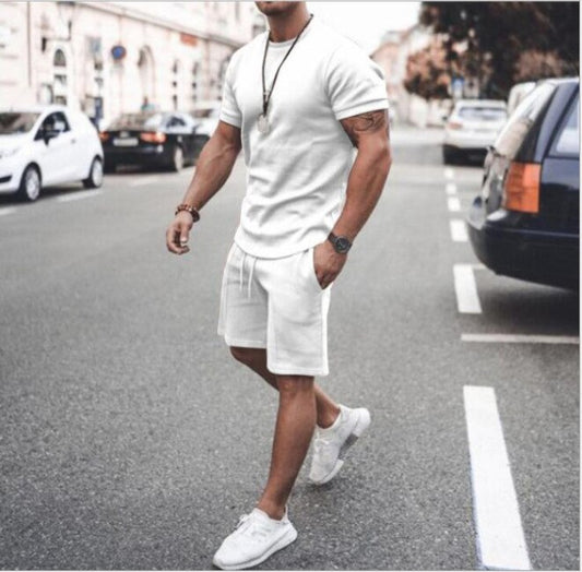 Men Summer Fashion Fitness Suit O-Neck Elastic Waist Breathable T-Shirt