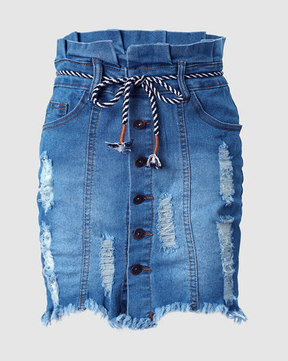 Women Skirt Mini Bag Hip Made Old Washed Pocket Spring And Summer High Street Blue High Waist Lace Strap Tight Hole Overskirt