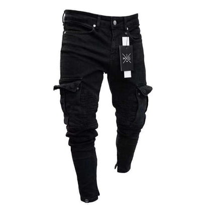 Jeans Men Punk Skinny Denim Pants Streetwear Zipper Slim Fit Black Goth Trousers