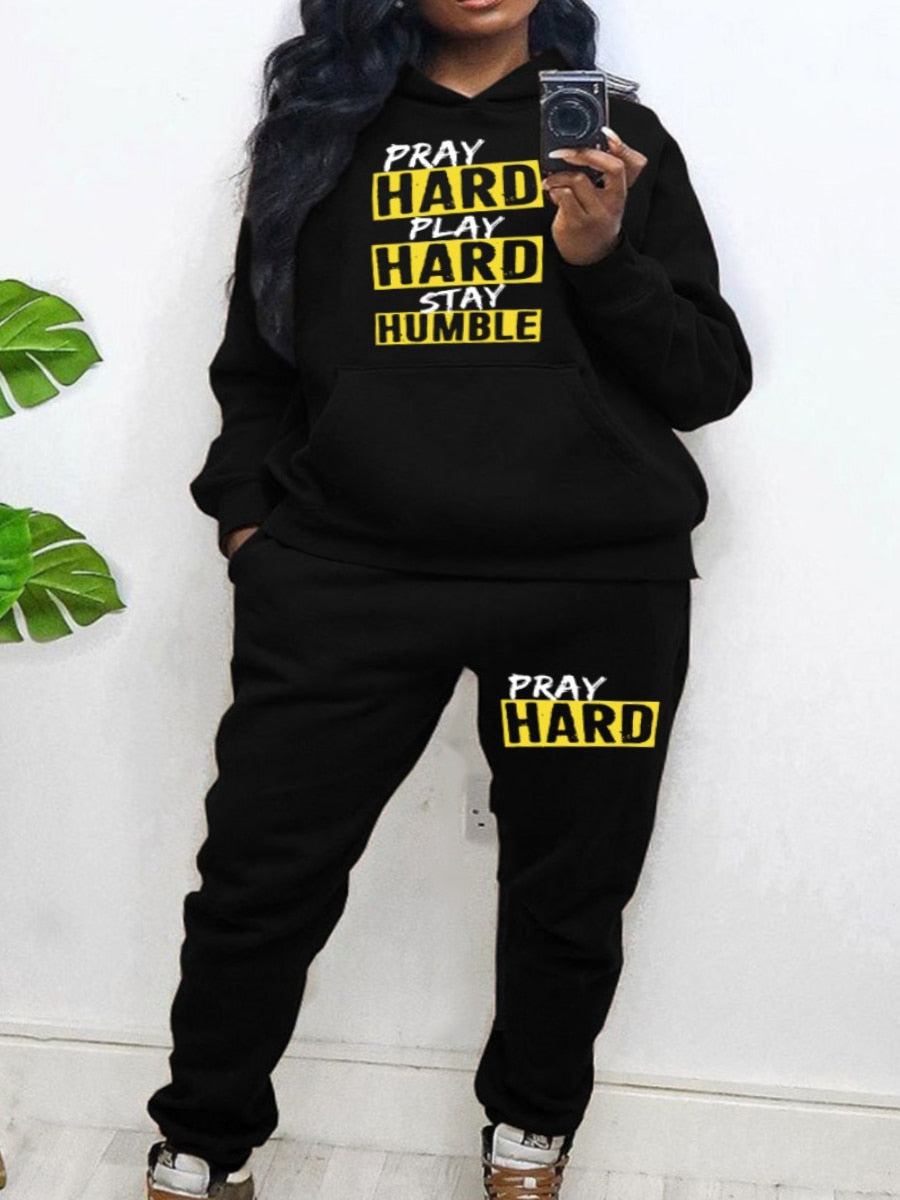 LW Plus Size Letter Print Kangaroo Pocket Tracksuit Autumn Winter Women Hooded Sweatshirt Suit Streetwear Tracksuit