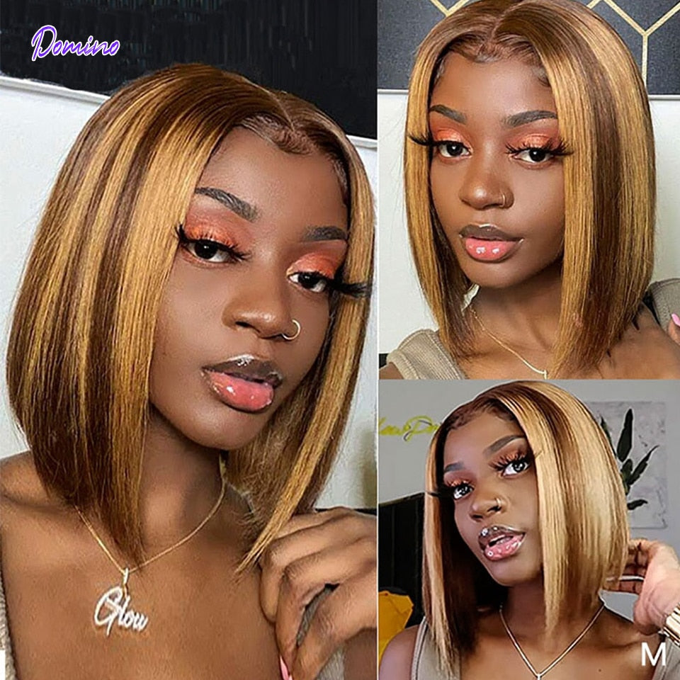 Domino Highlight Bob Wig Human Hair Brazilian Ombre Lace Closure Wig T Part Human Hair Wig Short Bob Human Hair Wig For Women