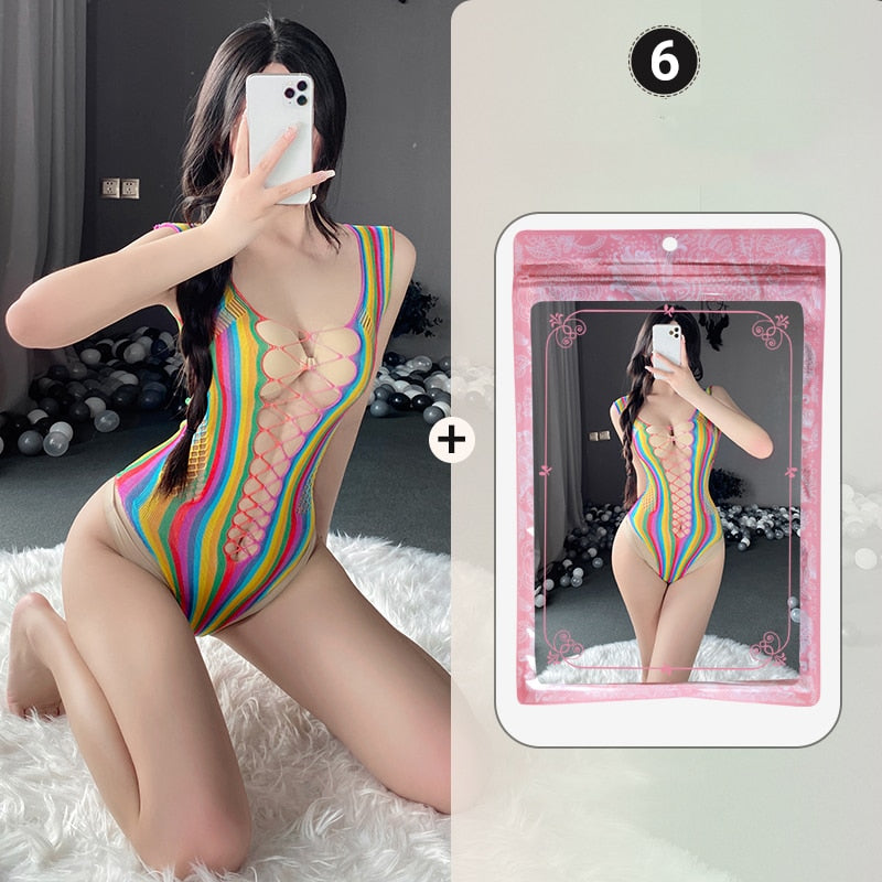 Sexy Lingerie Mesh Clothes Lace Colorful Fishnet Socks Hollow Bodysuit Porn Underwear Women Body Bodystockings Sissy Nightwear