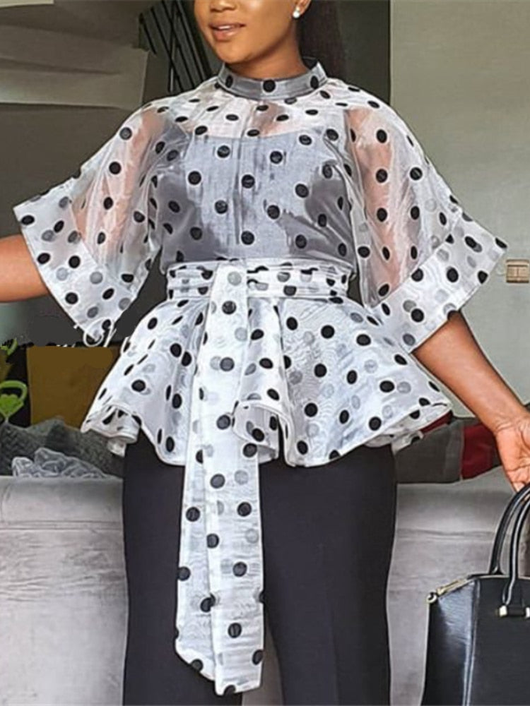 Women White Blouses Polka Dot Peplum See Through Sexy Thin Transparent Half Flare Sleeves Waist Belt Tops Shirt Fashion Bluas