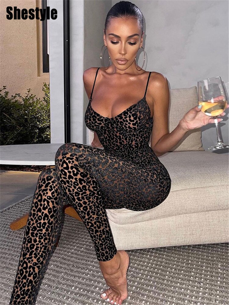 Shestyle Leopard See Through Jumpsuits Women Black Velvet V Neck Spaghetti Strap Pencil Pants Sleeveless Bodycon Sportwear 2021