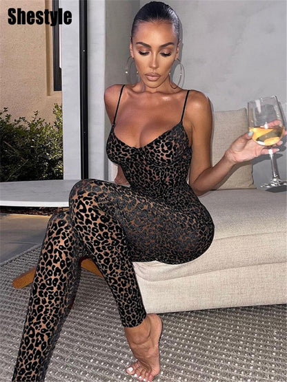 Shestyle Leopard See Through Jumpsuits Women Black Velvet V Neck Spaghetti Strap Pencil Pants Sleeveless Bodycon Sportwear 2021