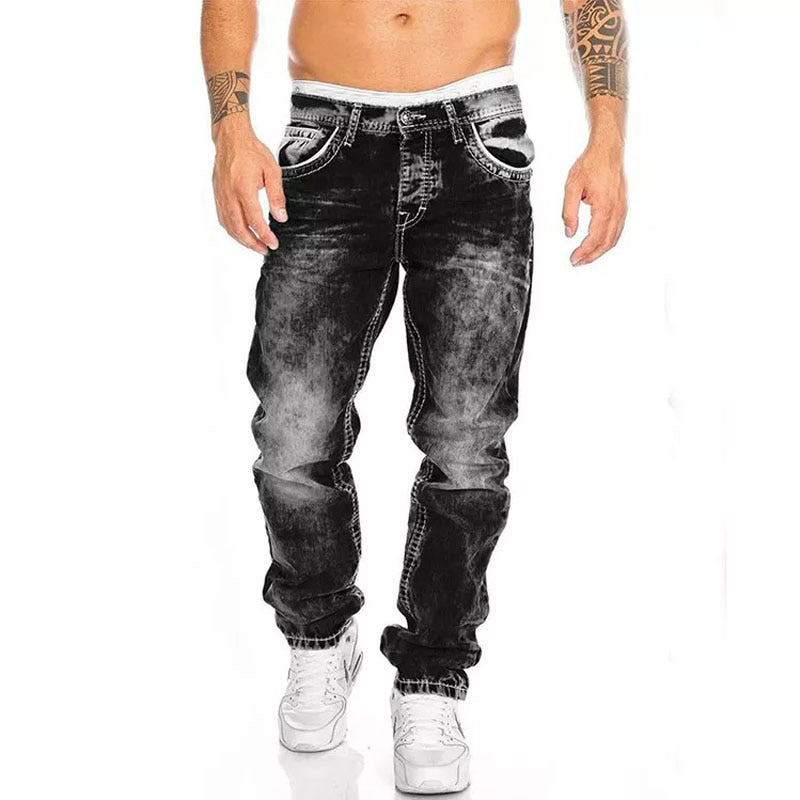 Jeans Men Punk Skinny Denim Pants Streetwear Zipper Slim Fit Black Goth Trousers